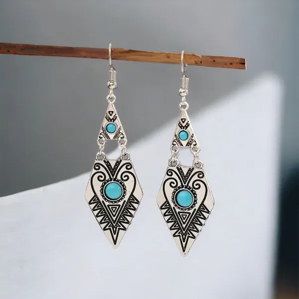 Carved Geometric Shape With Turquoise Decor Dangle Earrings Retro Bohemian Style - Image 8