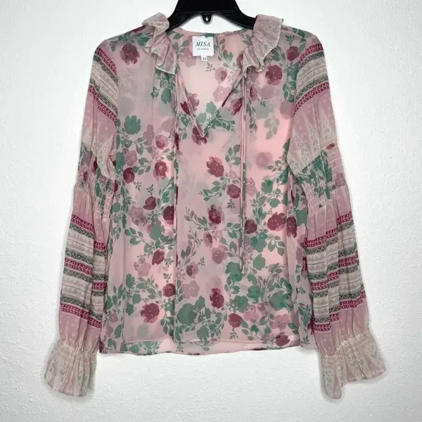 REVOLVE Misa Los Angeles Revolve Pink Green Floral Bohemian Blouse XS - Image 4