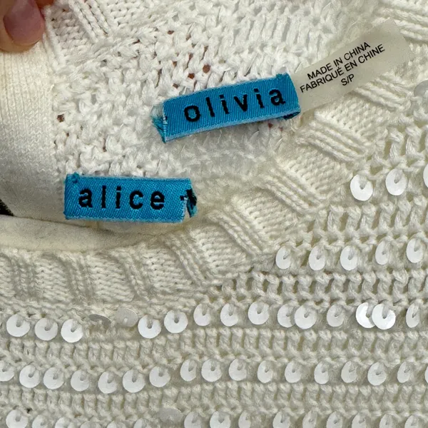 Alice + Olivia Ivory Sequin Knit Top Sweater Back Zip C211743920 Cream S Holiday - Image 6