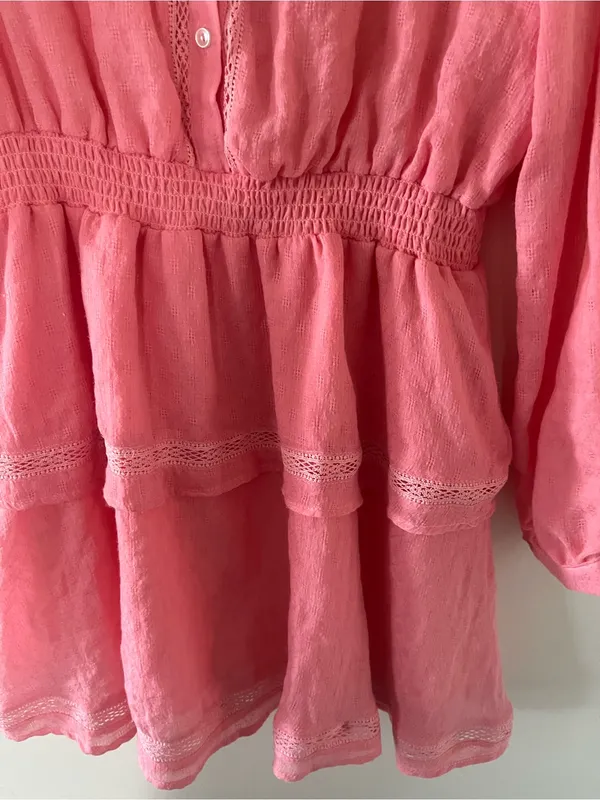 Pink Cotton Peasant Lace Shirt Mini Dress Large Button Up Cottagecore Dainty - Image 4