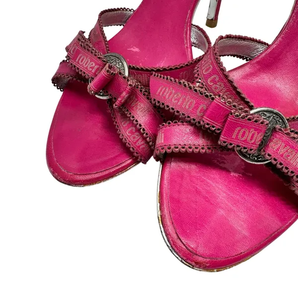 Roberto Cavalli Pink Logo Ribbon Mule Heels Y2K Vintage 39 Italy - Image 11