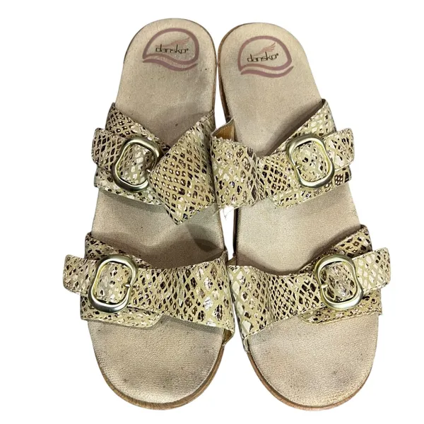 Dansko‎ Sophie Wedge Sandals 11-11.5 Beige Snakeskin Leather Slip On Clogs Shoes - Image 3