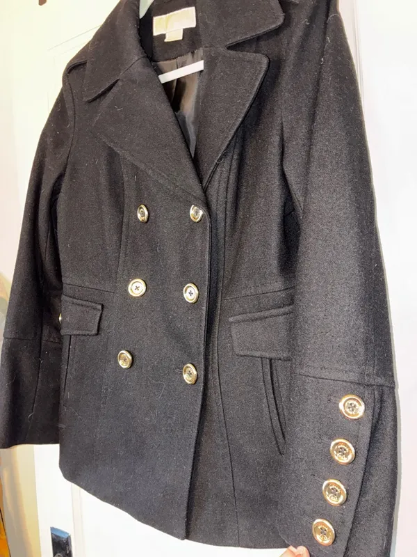 Michael Kors Women’s 12 Black Wool Pea Coat Jacket Gold Buttons Double Breasted - Image 6