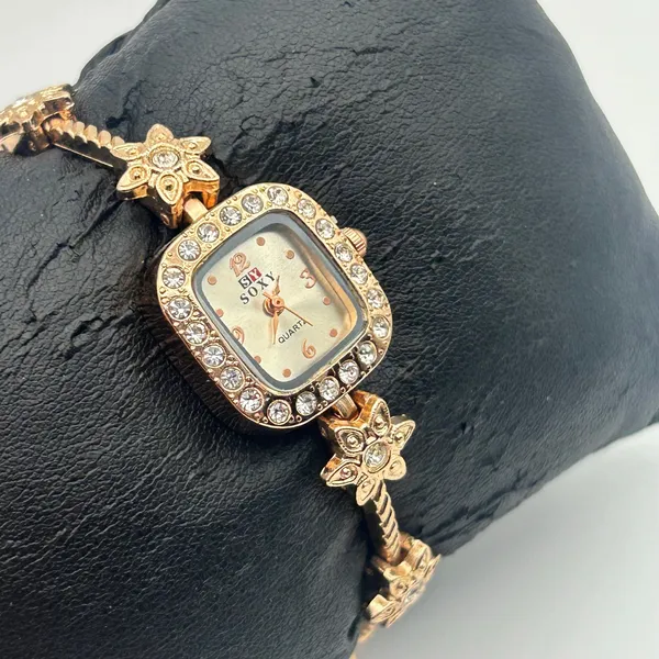 Soxy Rose Gold Square Dial Crystals on Bezel Floral Accents Women Fashion Watch - Image 3