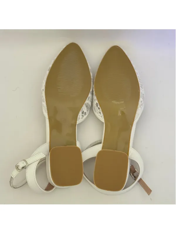 White Lace Low Block Heel Ankle Strap Wedding Shoe Sandals Size 40 - Image 8