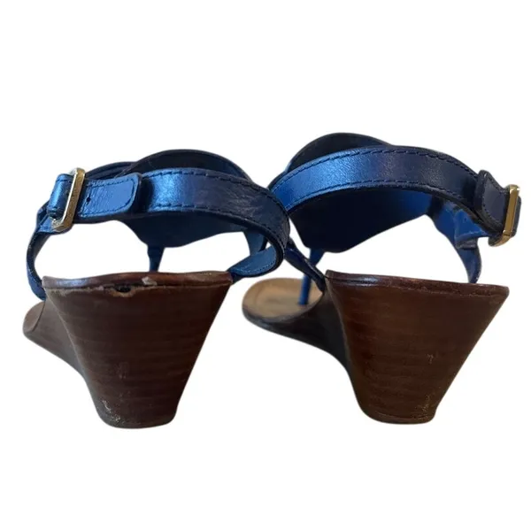 Tory Burch Casey Wedge Sandals Blue Nile Gold Logo‎ Thong 8 - Image 4