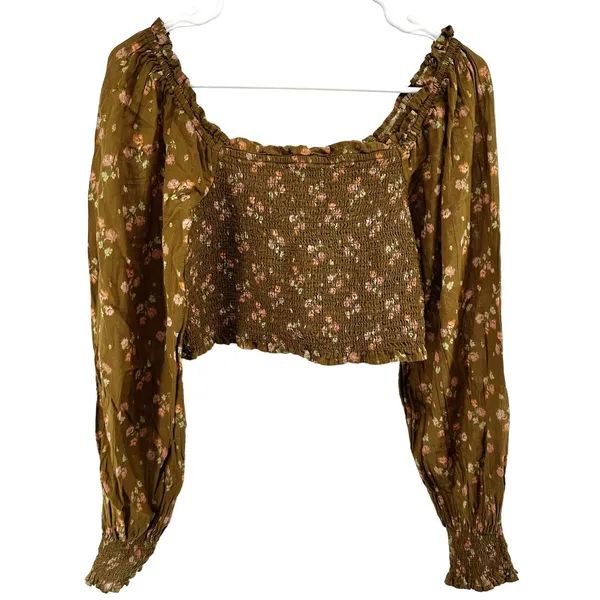 Aerie Crop Top Long Puff Sleeve Floral Print Smocked Ruffle Square Neck Brown S - Image 2