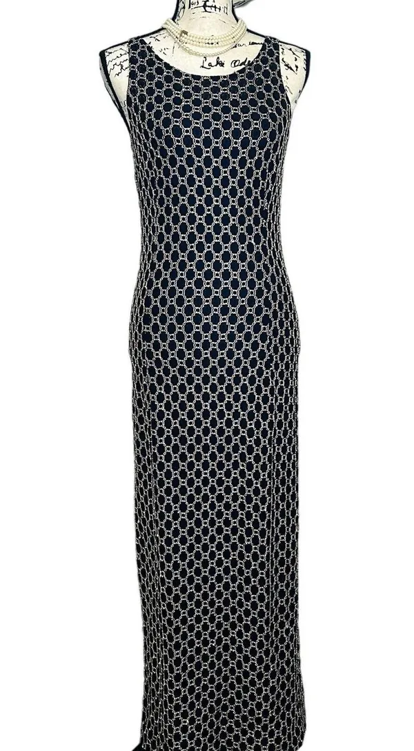 Vintage Maxi Dress Black Beaded Embroidered Sleeveless Slit 80s 90s Gothic - Image 3