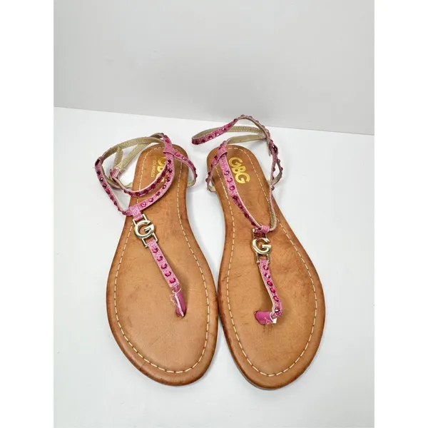 GBG Los Angeles‎ T Strap Sandals Size 6 Pink Gold Logo Ankle Strap - Image 6