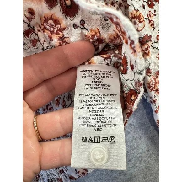 Anthropologie Gauzy Cream Floral‎ Button Front Cropped Blouse Rust Long Sleeve - Image 7