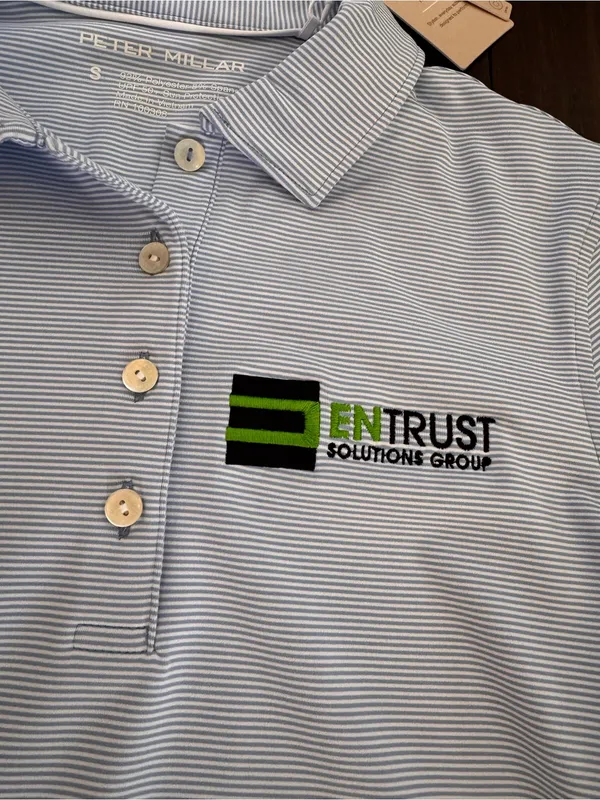 Peter Millar Light Blue Striped Polo with  Logo - Image 7