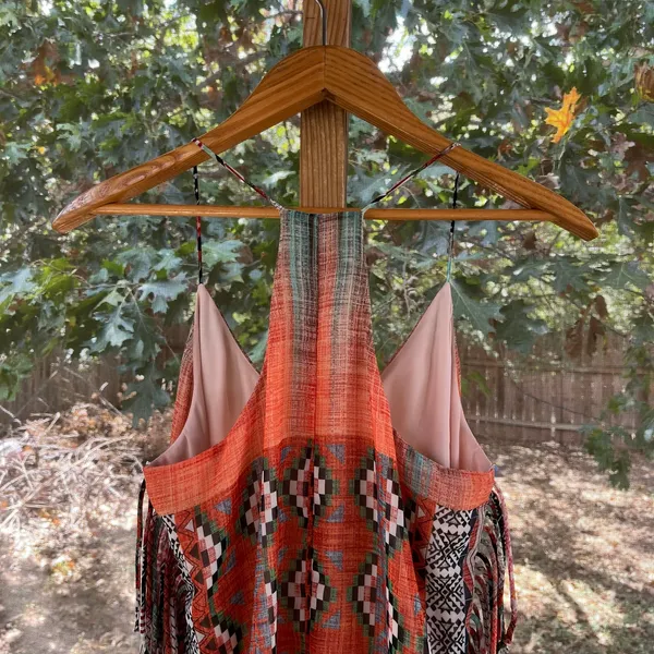 Lavender Brown Orange Aztec Print Fringe Mini Dress Size XS - Image 6