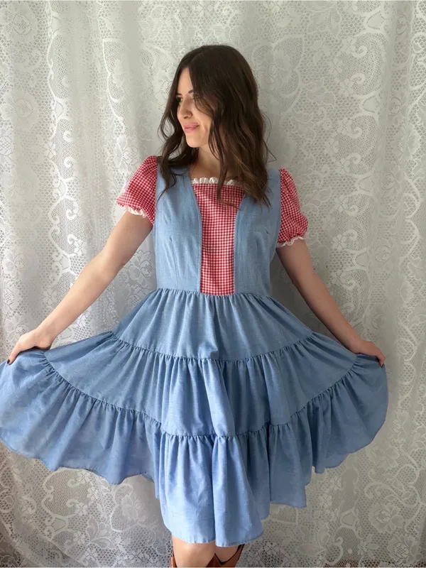 Vintage Handmade Blue Red Gingham Prairie Dress Cottagecore Puff Sleeve - Image 10