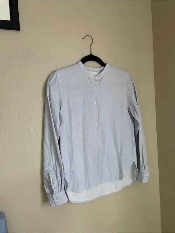 Muji Stand Alone Collar Button Front Long Sleeve Size XS Cotton Micro Stripe - Image 2