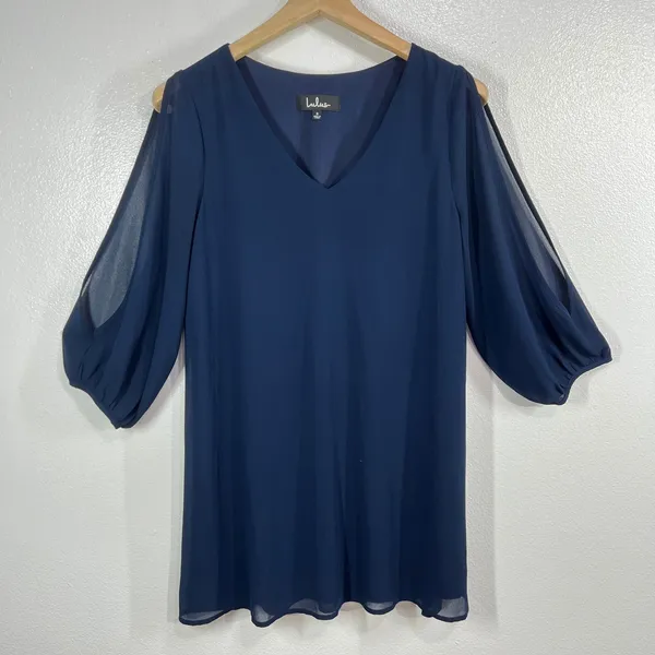 LULUS Shifting Dears Navy‎ Blue Chiffon Cold Shoulder Long Sleeve Shift Dress - Image 3