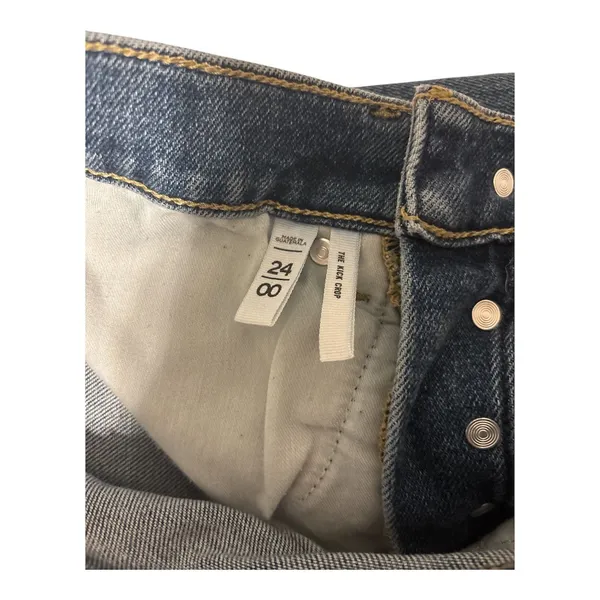 LOFT Jeans The Kick Crop Jeans Size 24/00 High Rise Cropped Flare Denim Raw Hem - Image 3
