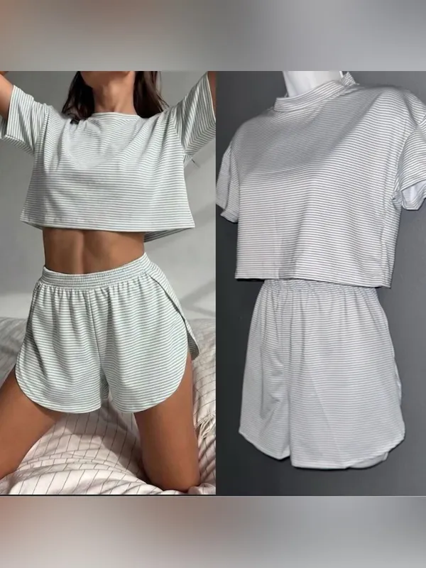 Women’s Matching Pajama Set Short Sleeve Top & Shorts Grey/White Medium - Image 2