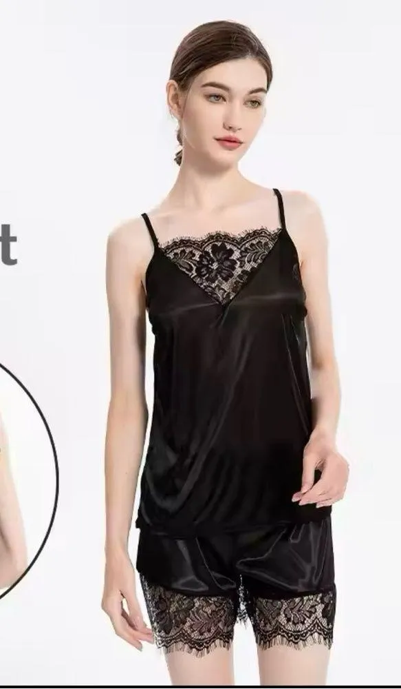Ice Silk Lace edge 2pc set: shorts + sleeveless top Home wear Pajama Lingerie - Image 5
