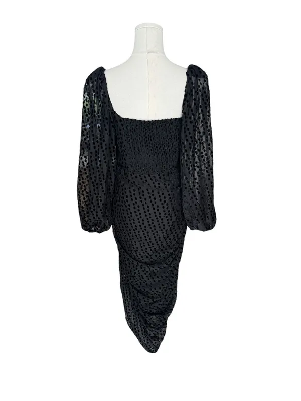 ASTR The Label x Revolve - Athens Black Velvet Polka Dot Ruched Midi Dress Sz M - Image 6
