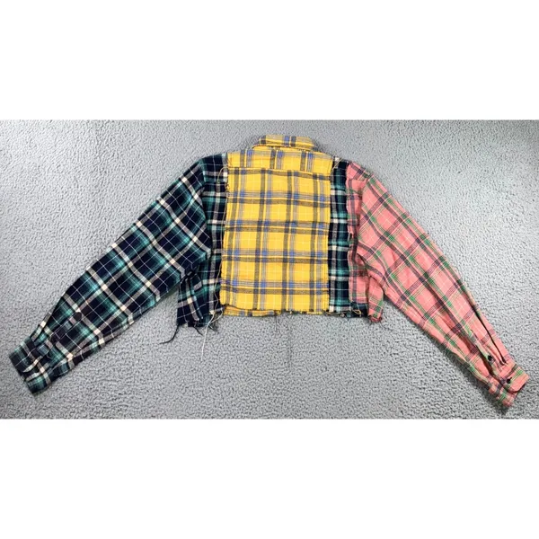 Patchwork Flannel Shirt Women L Cropped Colorblock Plaid‎ Grunge Punk Raw Hem - Image 3