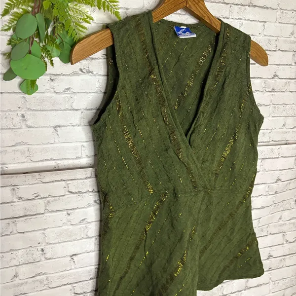 Vintage Cotton Green Striped Surplice Boho Sleeveless Top - Image 3