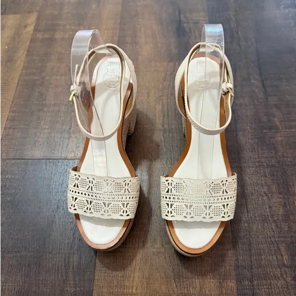 Tory Burch Espadrille Block Heel Sandals Ivory Leather Ankle Strap Size 9.5 - Image 2
