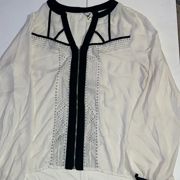 BKE Womens Zip Blouse Ivory Studded Chiffon Full Exposed Zipper long sleeve L - Image 2