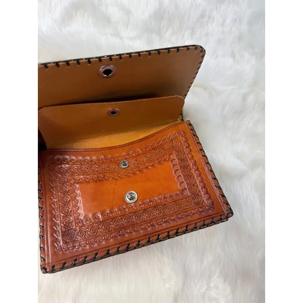 Vintage Tooled Leather Clutch Wallet MEXICO‎ Wrist Strap Brown Snap Closure - Image 4