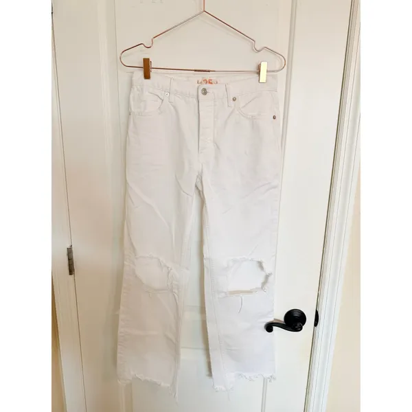 Free People Jeans Women 25 White Straight‎ Leg We Denim Raw Hem Distressed - Image 4