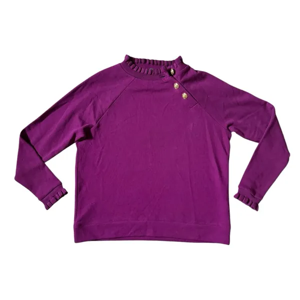 Talbots Ruffle Trim Raglan Purple Sweater Gold Buttons Cottage Boho Size Medium - Image 2