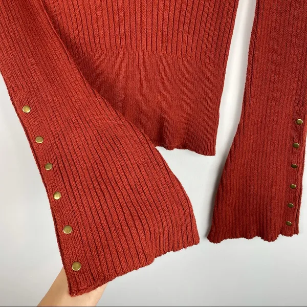 Free People Viola Rust Knit Sweater Top Studded Bell Sleeves Boho - Image 5