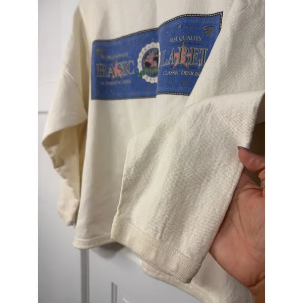 Vintage Bonjour Basic Label Pullover Sweatshirt Cream Graphic Made in USA L - Image 3