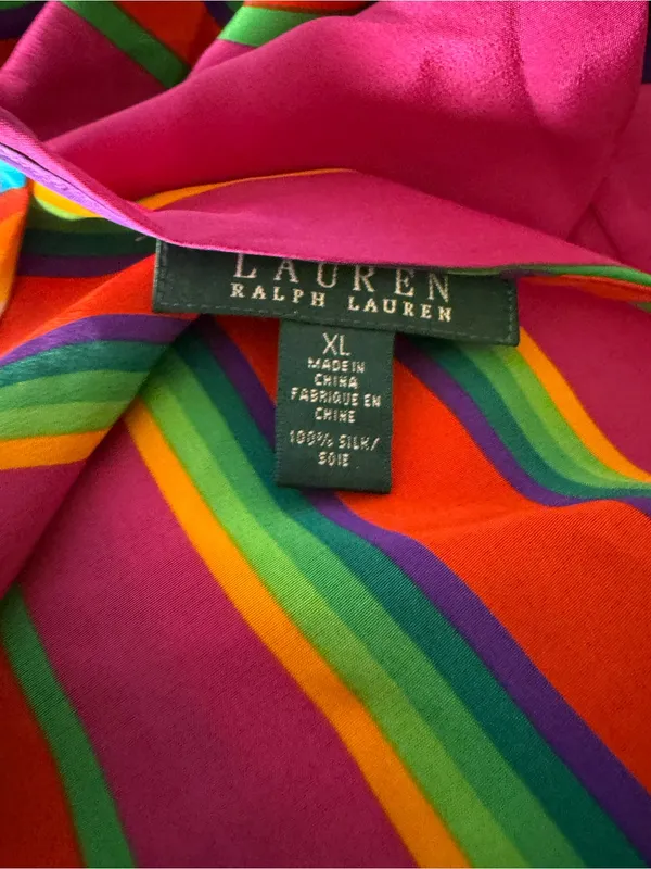 Lauren Ralph Lauren XL Rainbow Stripe 100% Silk Blouse Colorful Tunic Top - Image 5