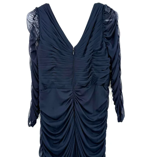 Adrianna Papell Size 10 Long Sleeve Maxi‎ Dress Dark Blue Mesh Sleeve Event Gown - Image 4