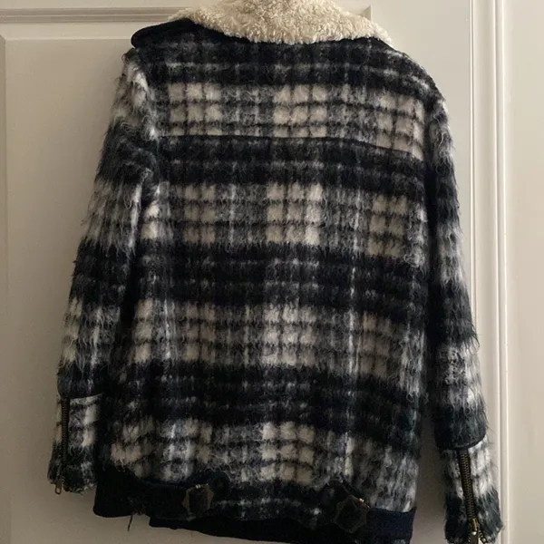 Free People Plaid Moto Coat Black White Shearling Lined Asymmetrical‎ Zip S - Image 3