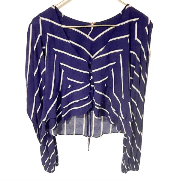 Free People‎ Medium Blue Stripe Samifran Ruffle Tie Front Cropped Top Blouse - Image 2