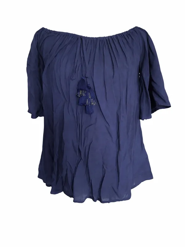 Lilly Pulitzer Sain Off-Shoulder Blouse Short‎ Bell Sleeve Tassel True Navy - Image 2