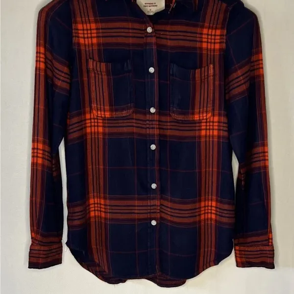 Mossimo Supply Co. Navy and Orange Plaid Shirt | Large - Image 7