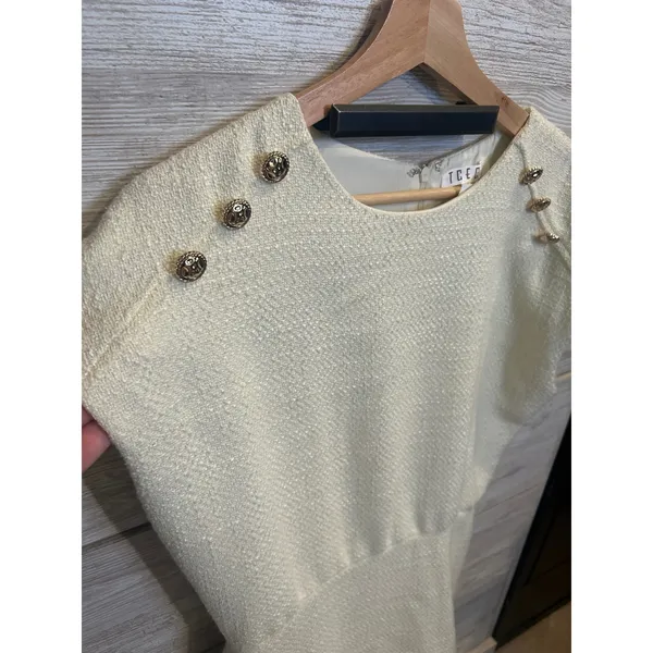 TCEC Maris Dress White Tweed Gold Button Shoulder Ruffle Hem Mini Dress Medium - Image 3