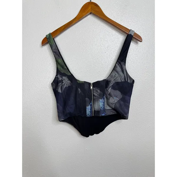 White Fox Boutique Dark Floral Corset Crop Top Green‎ Grey Black Large Zip Back - Image 2