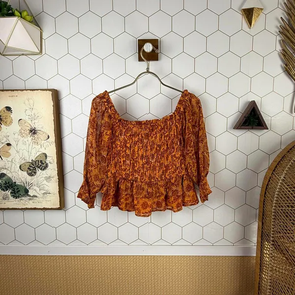 Patrons of Peace Crop Floral Smocked Ruffle Marigold Top - Size - Medium - Image 3