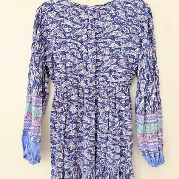 Few Moda Maxi Dress Small Blue Paisley Boho Tiered V-Neck Long Sleeve Drawstring - Image 4