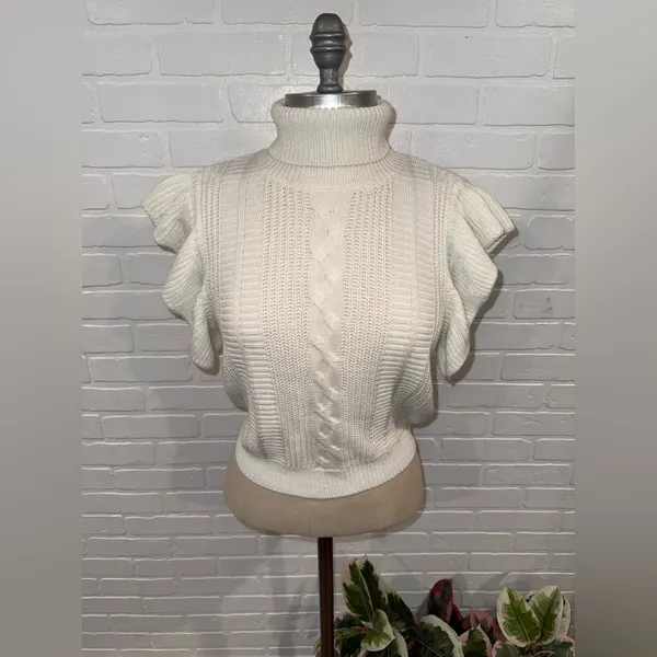 Elegant Off-White/Ivory Cable Knit Ruffle Sleeve Turtleneck Sweater - Image 3
