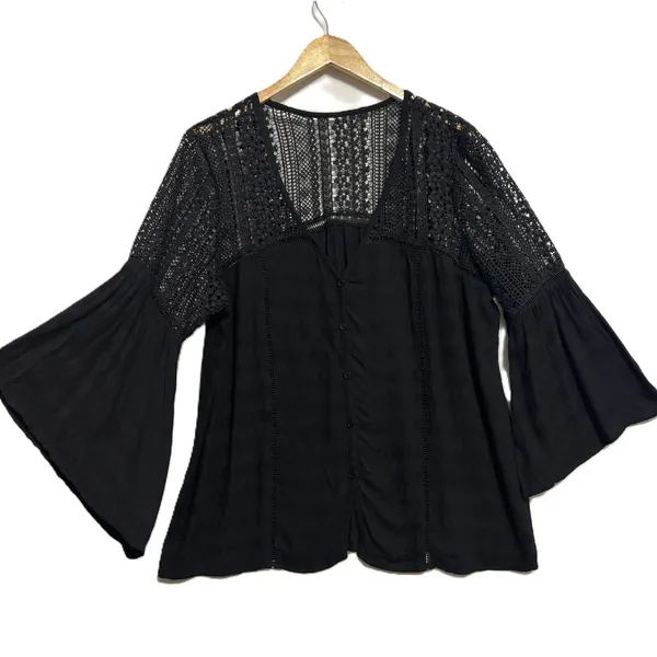 Bell Sleeve Blouse Black Crochet Lace Boho Peasant Festival Date Casual Hippie L - Image 2