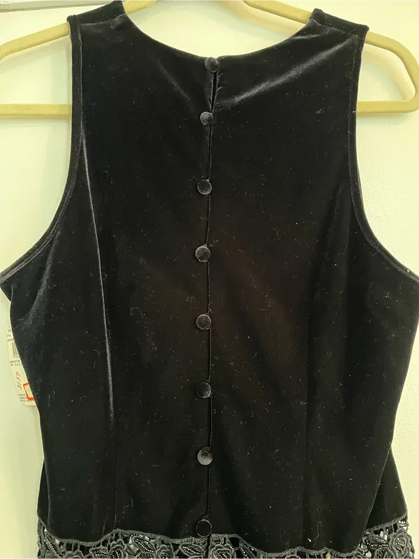 Papell Boutique Black Velvet Evening Top with Lace Trim beaded fringe button 14 - Image 4