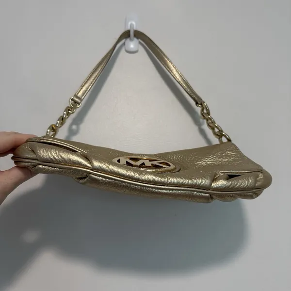 Michael Kors Gold Pebbled Leather Large‎ Logo Chain Shoulder Bag - Image 2
