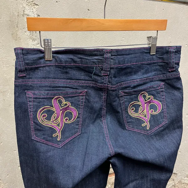 Vintage Y2K Low Rise Embellished Embroidered Purple Stitch Jeans 16 - Image 2