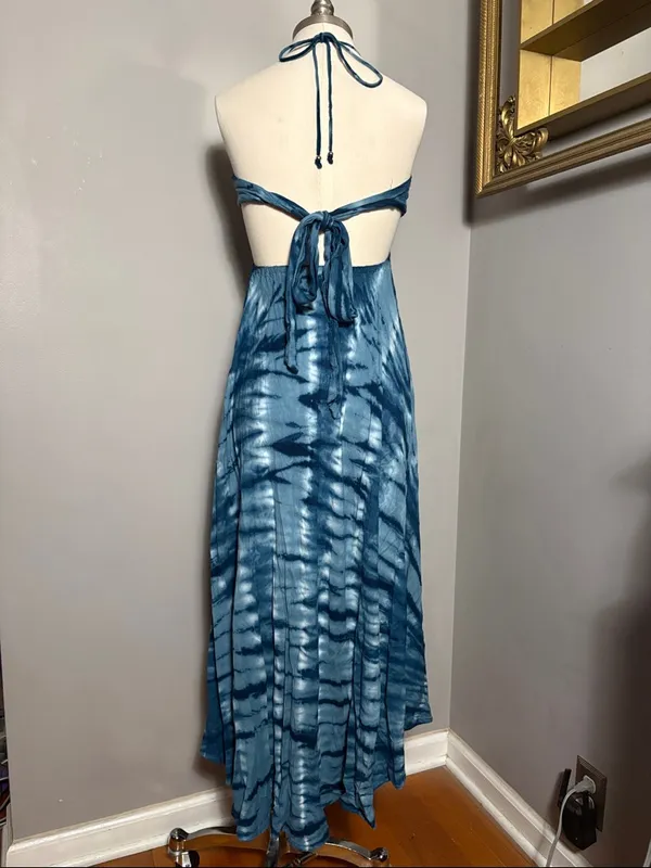 Tiare Hawaii Small Medium Blue Tie-Dye Halter Maxi Dress - Image 2