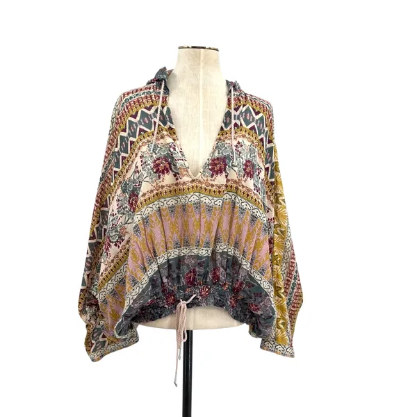 Free People Hold‎ On Tight Gauze Pullover Top Hooded Floral Paisley XS Small - Image 2