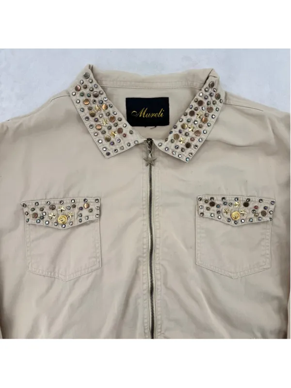 Vintage 90s Beaded Jacket 90s Rhinestones Studs Stars Zip Front Size XL-XXL - Image 2